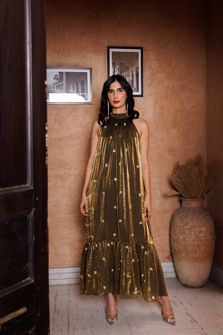 Mango Topaz  Midi Dress - Golden