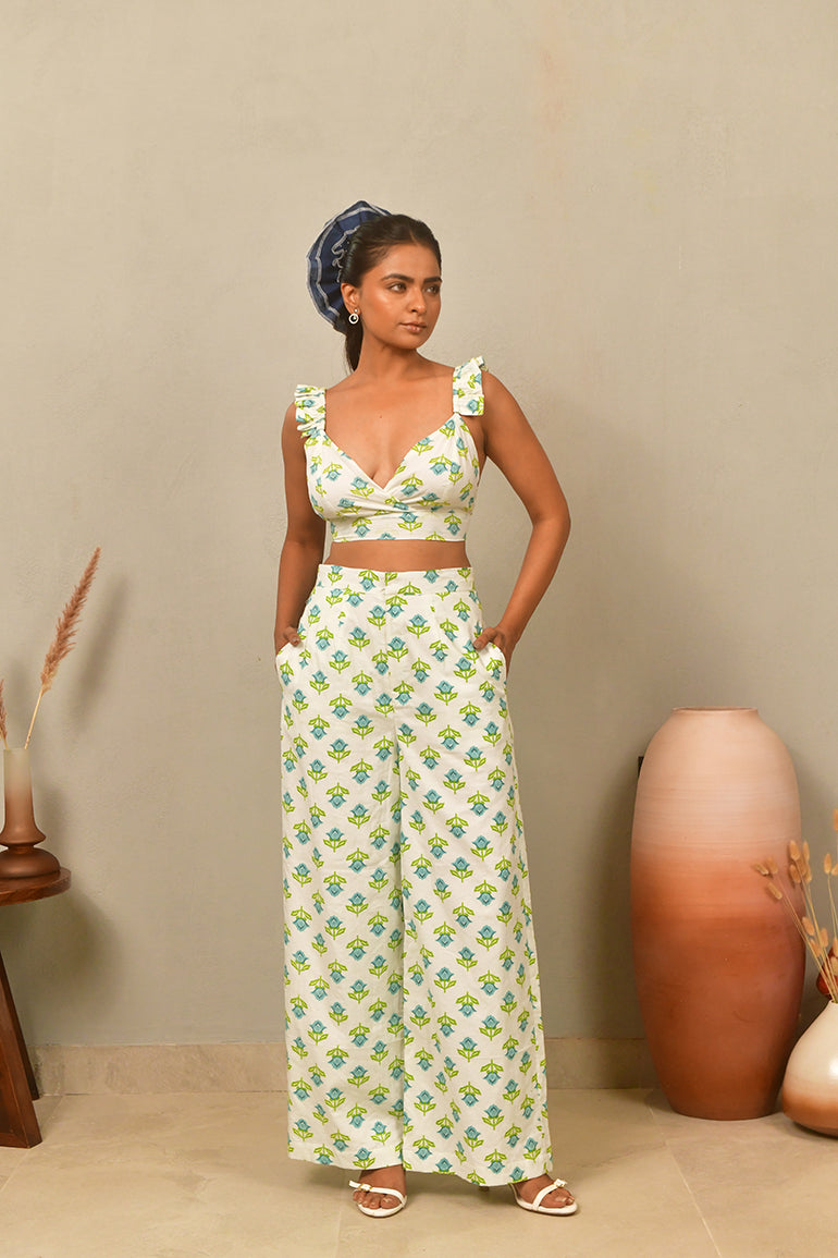 Teal Bloom Wide-Leg Pants - Anasi