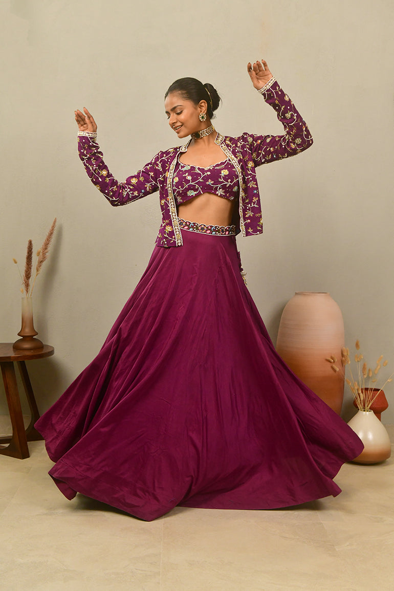 Rich Wine Embroidered Lehenga Set