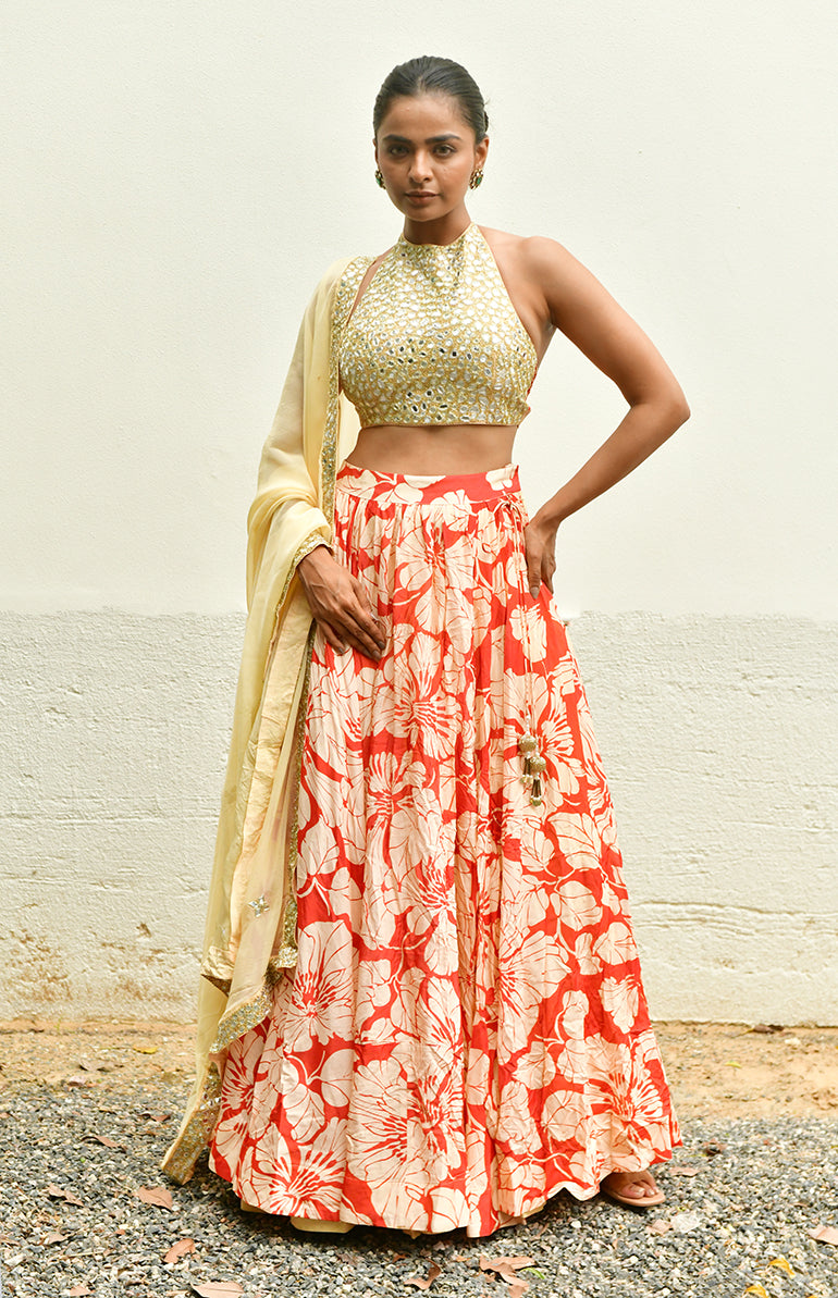 Coral Bloom Chiffon Silk Set