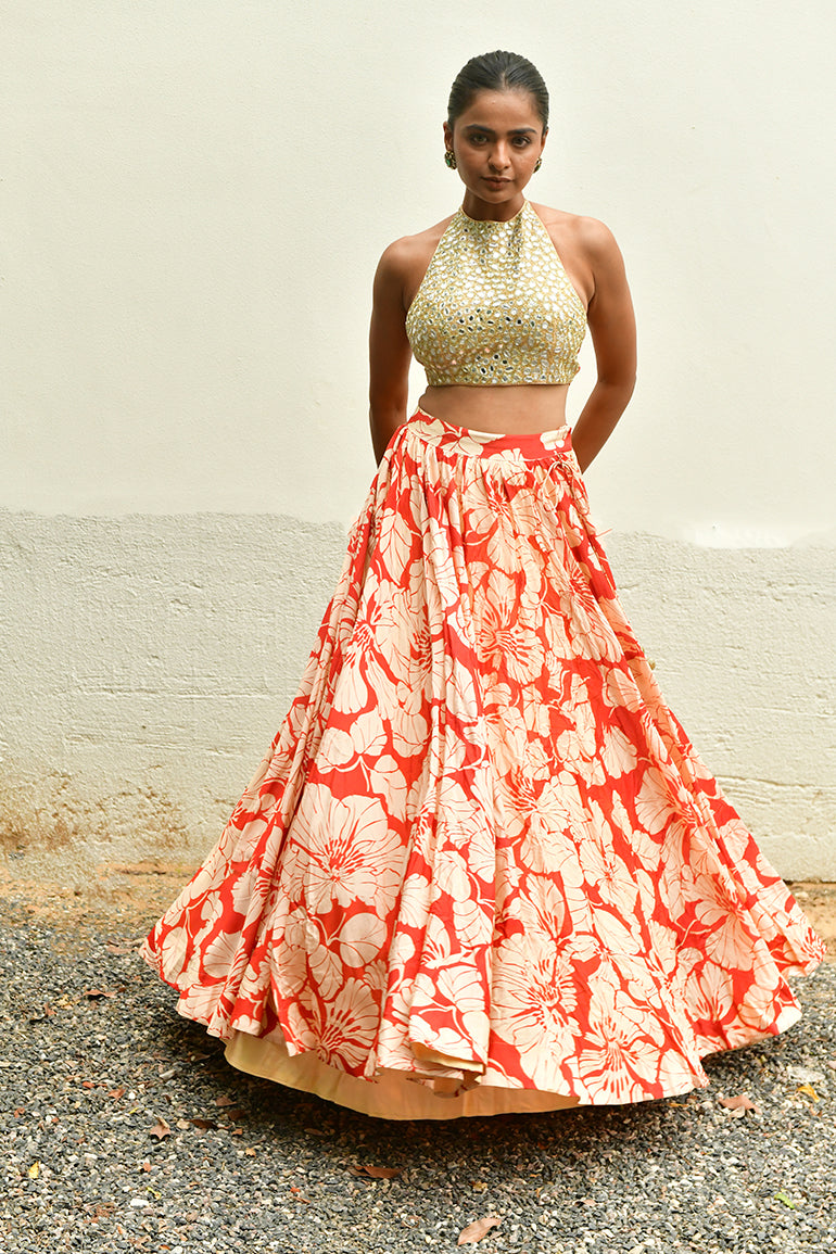 Coral Bloom Chiffon Silk Set
